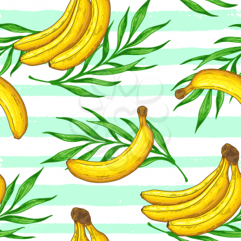 Hand drawn tropical seamless pattern with yellow bananas and green palm leaves. Vector background
