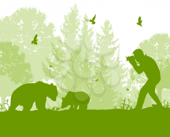 The man photographs bears in the forest. Wildlife protection and ecology concept. Vector illustration
