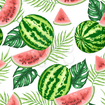 Summer tropical seamless pattern with sweet  juicy watermelon and palm leaves on a white background. Vector illustration