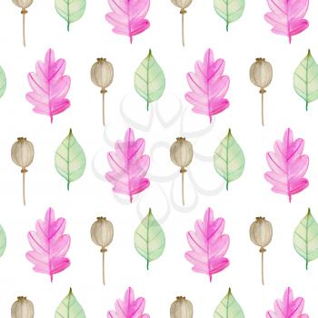Watercolor autumn floral seamless pattern with leaves and poppy seeds. Hand drawn nature background