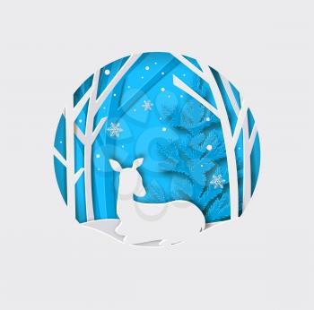 New year and Christmas background with paper silhouette of deer and tree. Vector illustration.