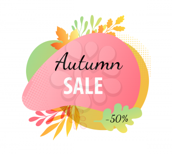 Abstract autumn banner for seasonal sale. Red and green fall background with decorative branches and oak leaf. Vector illustration