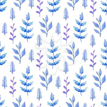 Watercolor floral seamless pattern with blue and violet plants. Hand drawn winter nature background