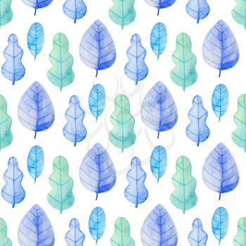 Watercolor floral seamless pattern with blue and green oak leaves. Hand drawn winter nature background
