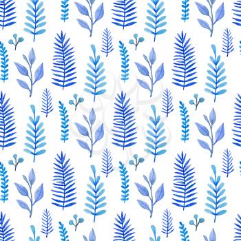 Watercolor floral seamless pattern with blue leaves and branches. Hand drawn winter nature background