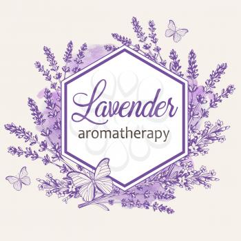 Vintage floral frame with lavender flowers and butterflies. Spa and aromatherapy ingredients. Hand drawn vector background.