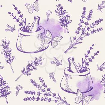 Vintage seamless pattern with lavender flowers and butterflies. Spa and aromatherapy ingredients. Hand drawn vector background