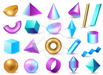 Set of 3d geometric multi-colored bright design elements on a white background. Vector illustration.
