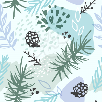 Abstract winter seamless pattern witn evergreen plants, pine cone and fir. Decorative seasonal vector background