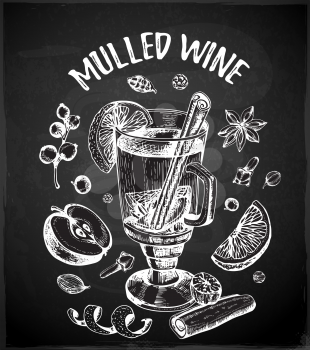 Vintage vector chalk drawing mulled wine and spices on a black background. Traditional Christmas food and drink.