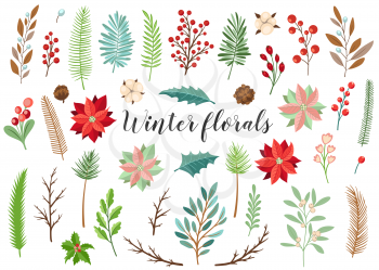 Set of decorative vector winter floral elements. Christmas and new year design kit