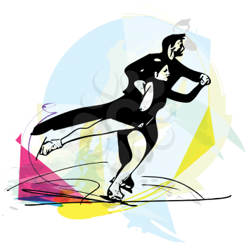 abstract illustration of couple ice skaters skating at colorful sports arena