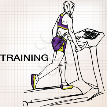 Illustration of Athletic woman on gym class walk treadmill running deck