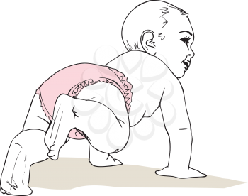 illustration of Crawling baby girl in diaper