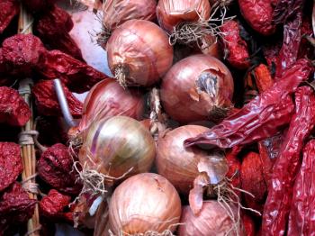 Close-up of fresh red onions and dry pepper