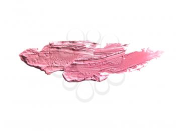 close up of a smudged lipstick on white background