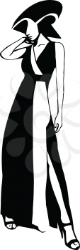 Drawing of Fashion portrait of beautiful woman in trendy dress. Vector Illustration
