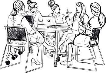 Female creatives in a meeting room listening to their colleague making an informal presentation. Vector Illustration