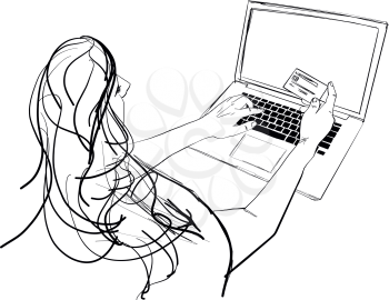 Online shopping and payment concept with female at desk typing on computer keyboard and holding a credit card Vector Illustration