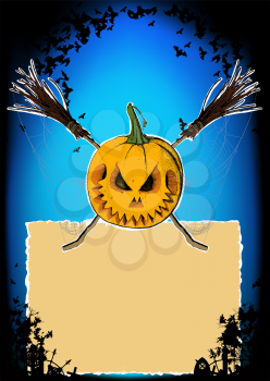 crossed brooms pumpkin and spider web, scary story Treats