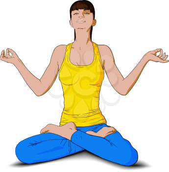 young girl doing yoga and sitting in lotus position