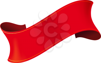 Elegant curved red ribbon with yellow stitching on white background