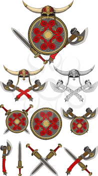 A set of weapons and equipment Viking. Horned helmet, shield, swords axes. Every group of objects located on a separate layer