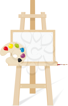 Wooden easel with a empty canvas, palette and brush
