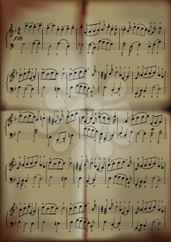 close-up of sheet music in old paper sepia tone.