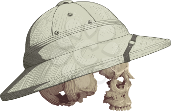human skull in profile without mandible clad in tropical cork helmet painted as engraving isolated on white background