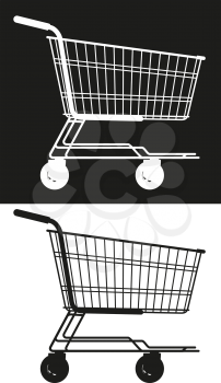 simple shopping trolley silhouettes in a supermarket on a white and black background