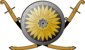 Eastern European round shield and two crossed curves of a sword in a sheath