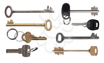 set of old diverse keys from entrance doors isolated on white background