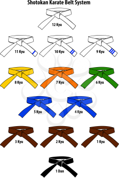 The color belt system used in some martial arts such as the traditional Shotokan karate