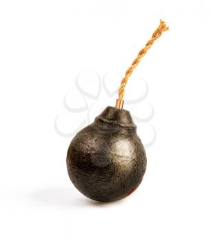 classic round black antique bomb with a non-burning rope wick isolated on a white background