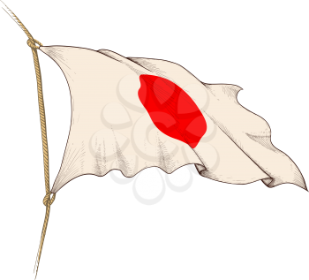 beautiful waving japan flag drawn in retro style as an engraving isolated on white background