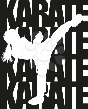 Kid silhouette in sports poses on the background of the inscription Karate