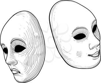 Two classic theatrical comedy and tragedy masks smiling and sad