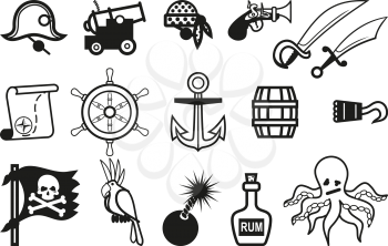 Set of black simple icons on a pirate theme on a white background