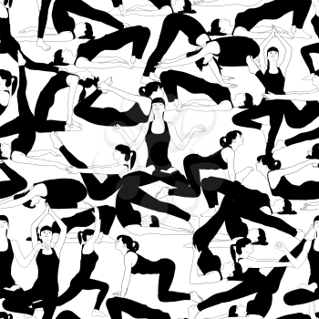 Geometric seamless pattern of a girl doing yoga in various poses