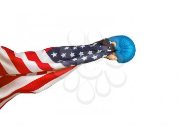 A strong male hand in a karate and martial arts glove wrapped in the Stars and Stripes USA flag strikes forward