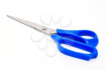 Scissors with blue plastic strap on white background.