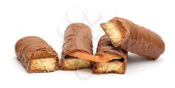 Chocolate bars with caramel and cookie on a white background.  Front view on a chocolate bars.