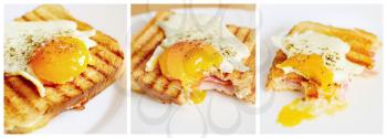 Photo collage of bitten ham and cheese toast with fried egg on top.