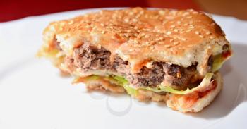 Closeup of Homemade Ordinary Hamburger with a Bites Missing. Typical Unhealthy Food.
