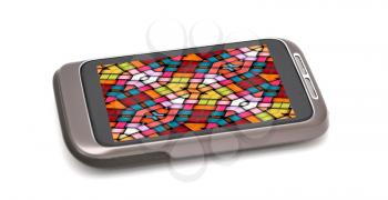Modern smartphone with colorful wallpaper background on screen. Smartphone is placed on white background.