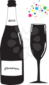 Vector illustration of bottle of champagne and glass at New Years day.