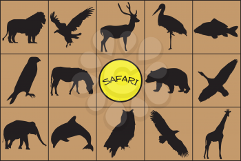 Silhouettes of wild animals with symbol.