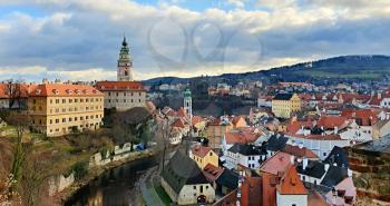 Panoramic aerial view of beautiful town Cesky Krumlov with Vltava river and castle, Czech Republic.