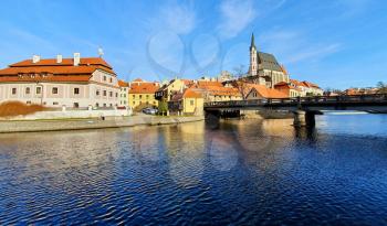 Panoramic view of beautiful town Cesky Krumlov with Vltava river and castle, Czech Republic.